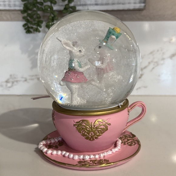 Pink Tea Cup & Saucer Easter Rabbit Snow Globe - Picture 3 of 4